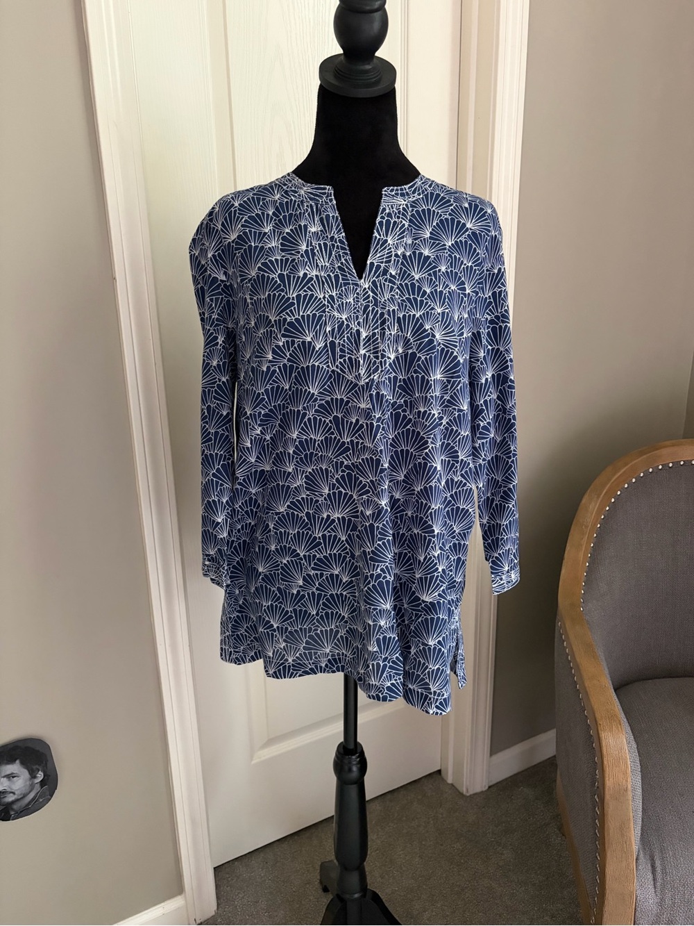 Talbots Navy & White Fan-Print Split-Neck Tunic